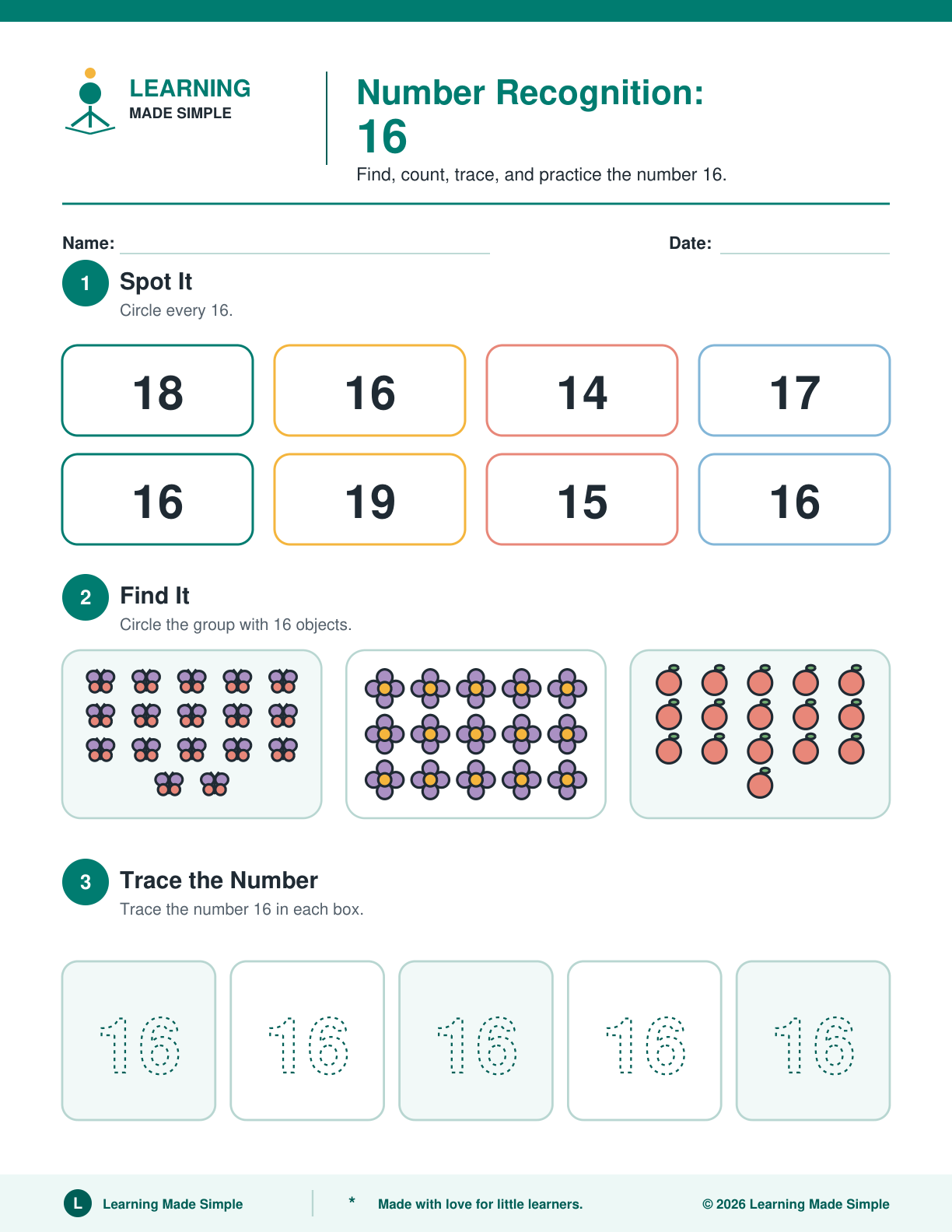 Preview of Page 1 from Number Recognition 16-20