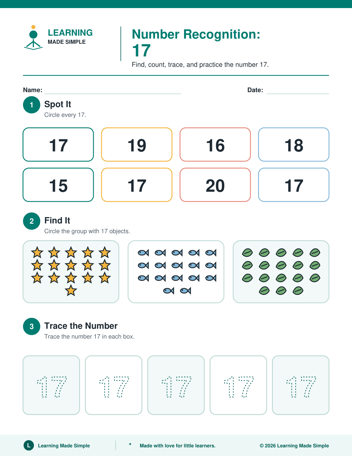 Preview of Page 2 from Number Recognition 16-20
