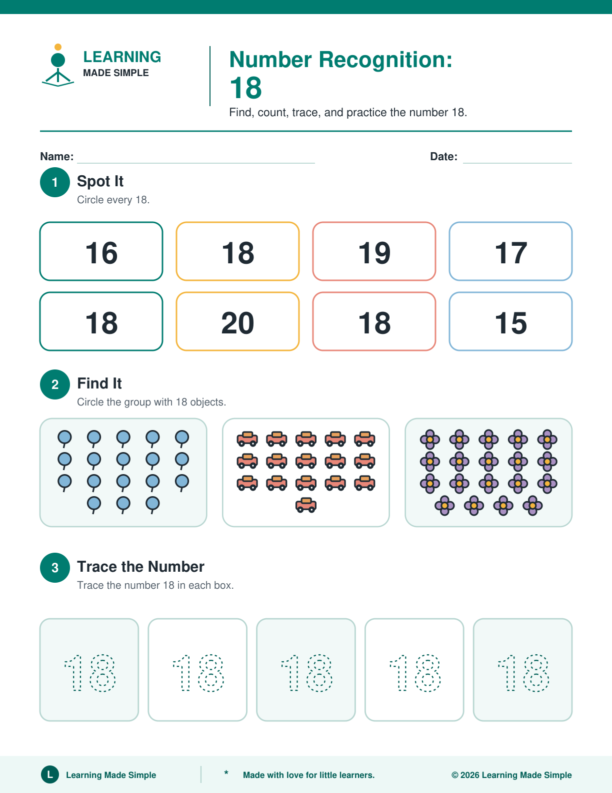 Preview of Page 3 from Number Recognition 16-20