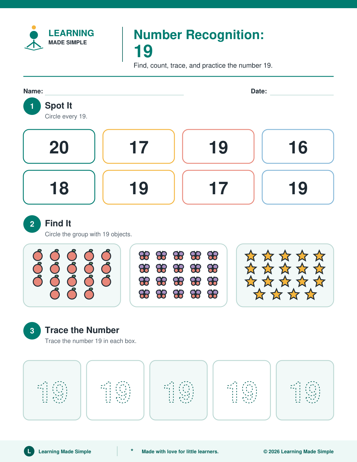 Preview of Page 4 from Number Recognition 16-20