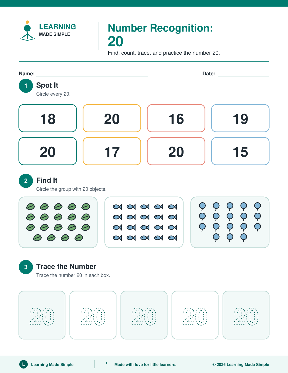 Preview of Page 5 from Number Recognition 16-20