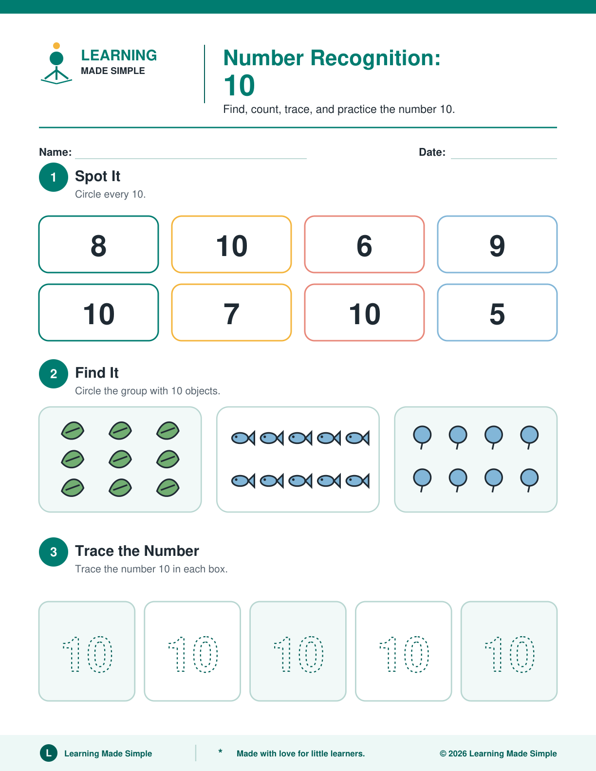 Preview of Page 5 from Number Recognition 6-10