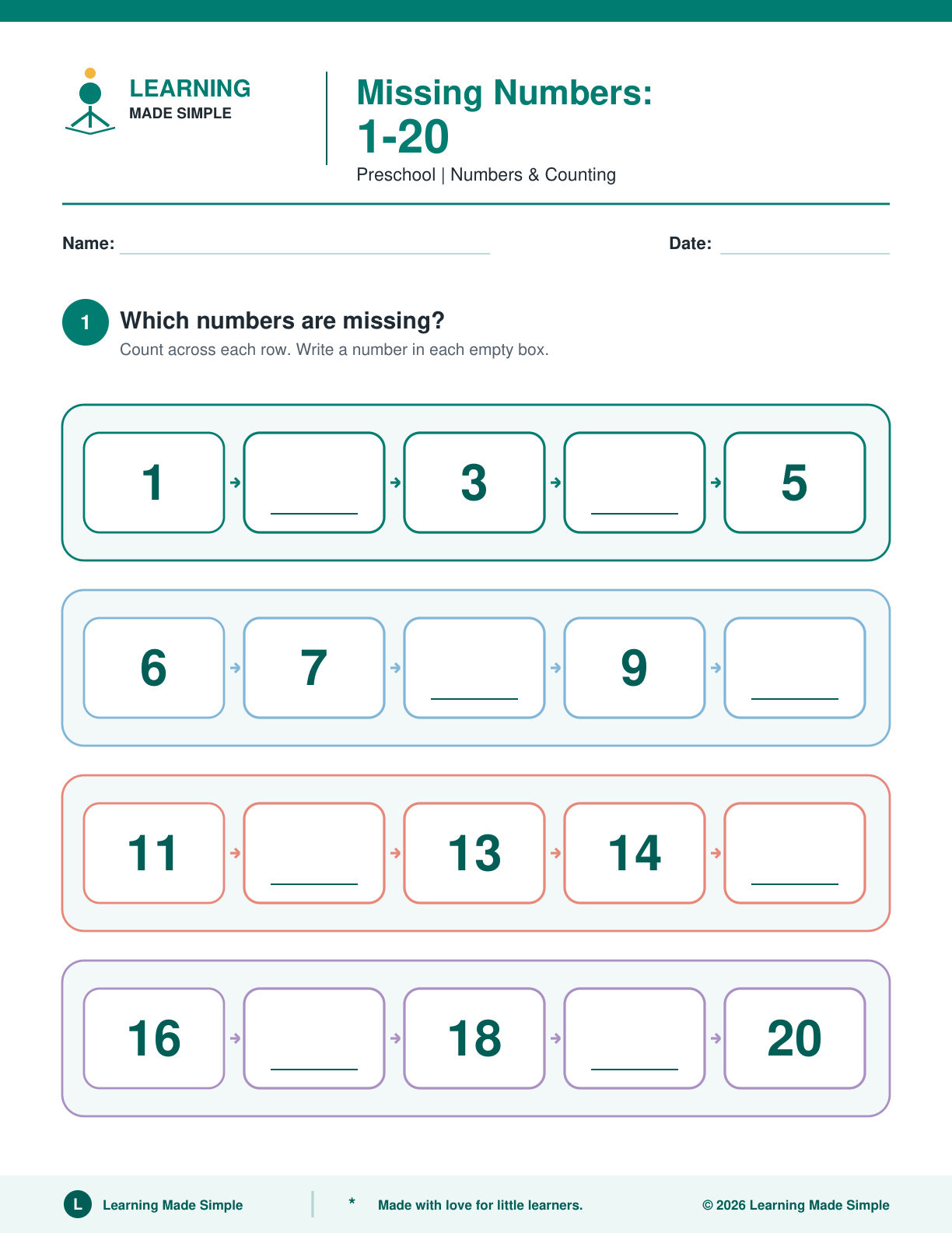 Preview of Page 1 from Missing Numbers 1-20