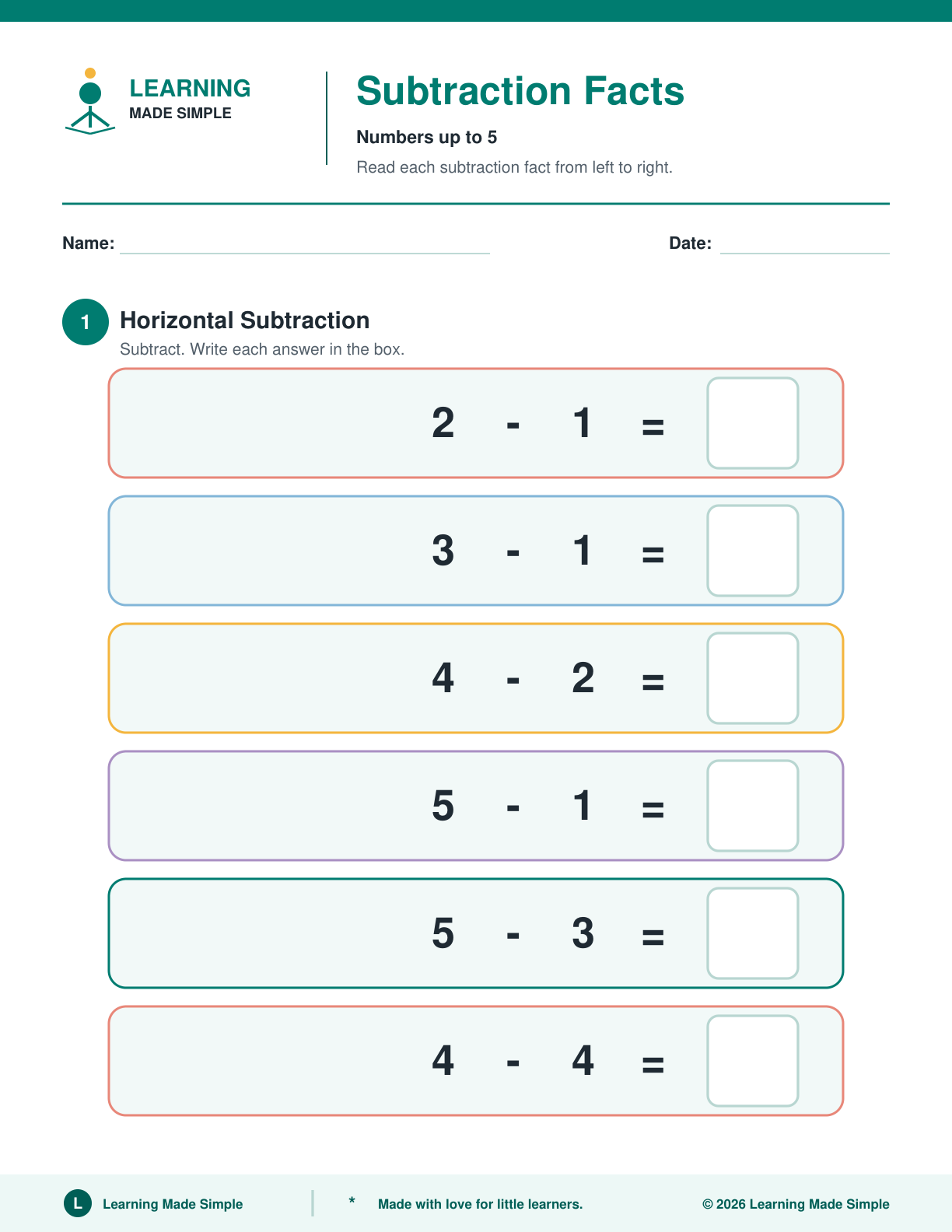 Preview of Page 1 from Subtraction Facts Within 5