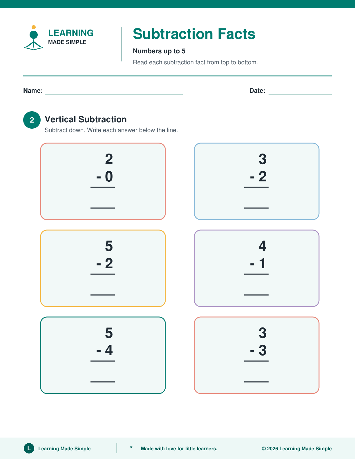 Preview of Page 2 from Subtraction Facts Within 5