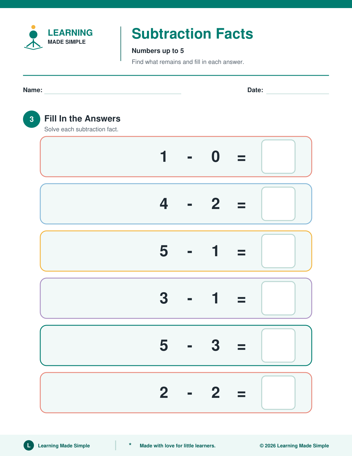 Preview of Page 3 from Subtraction Facts Within 5