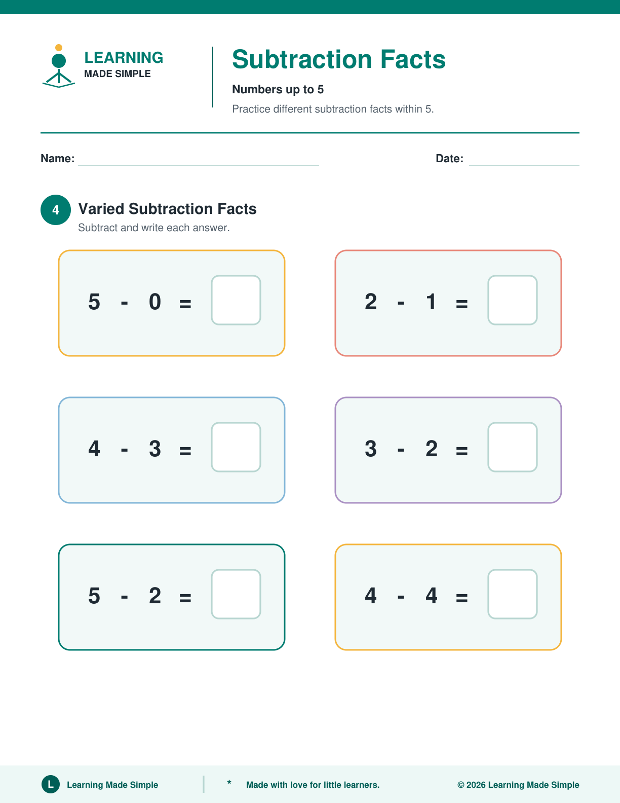 Preview of Page 4 from Subtraction Facts Within 5