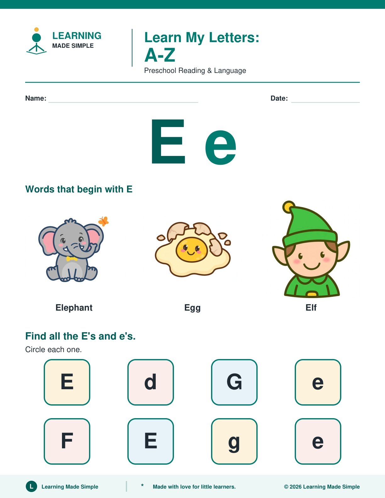 Preview of Letter E from Learn My Letters A-Z