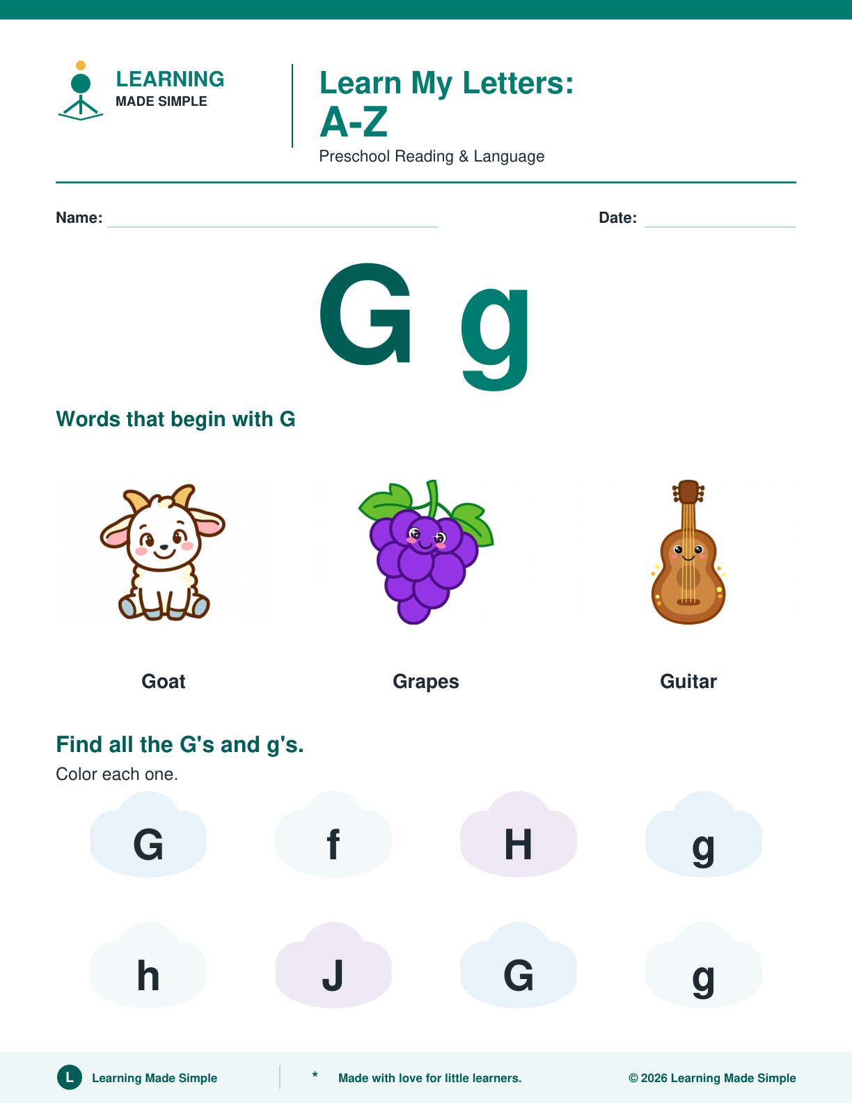 Preview of Letter G from Learn My Letters A-Z