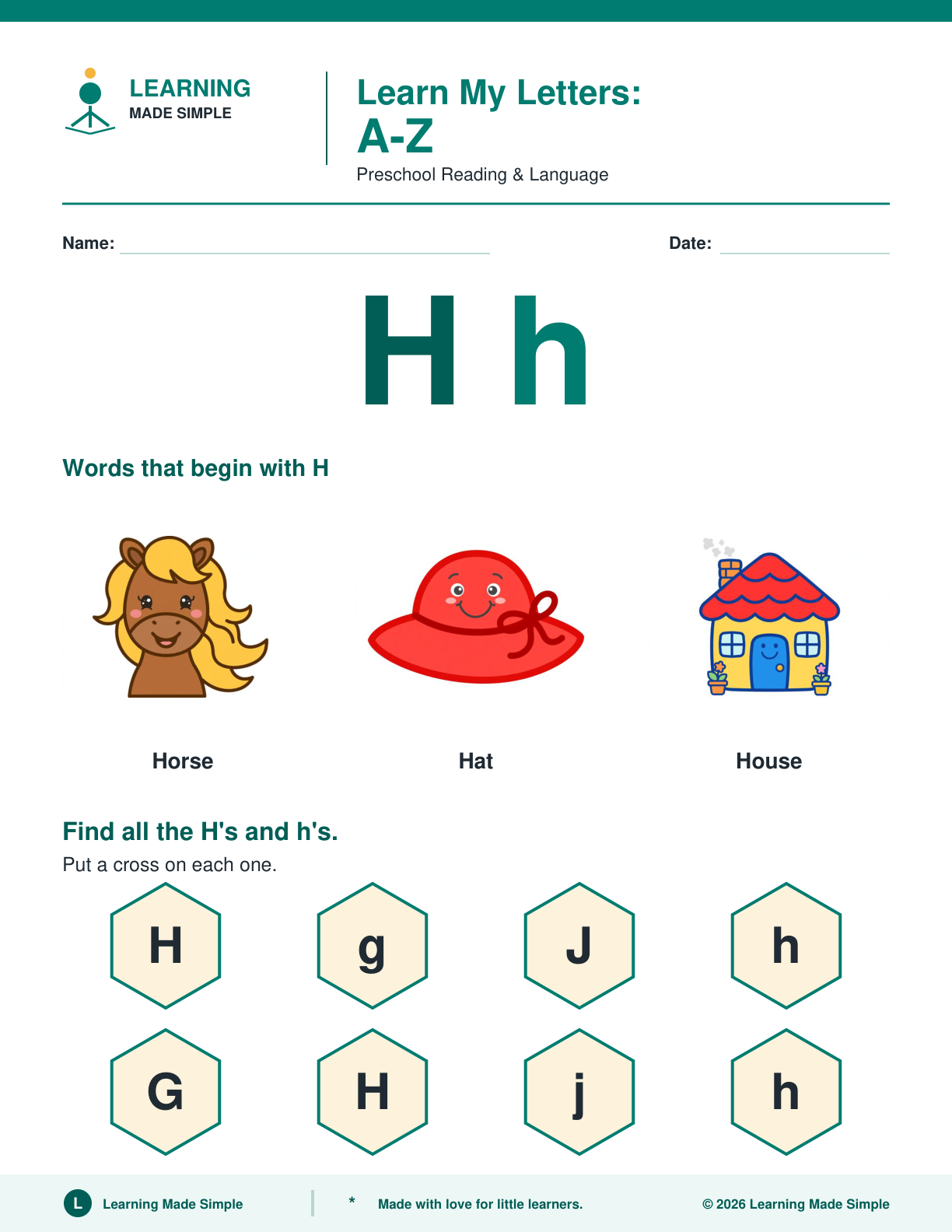 Preview of Letter H from Learn My Letters A-Z