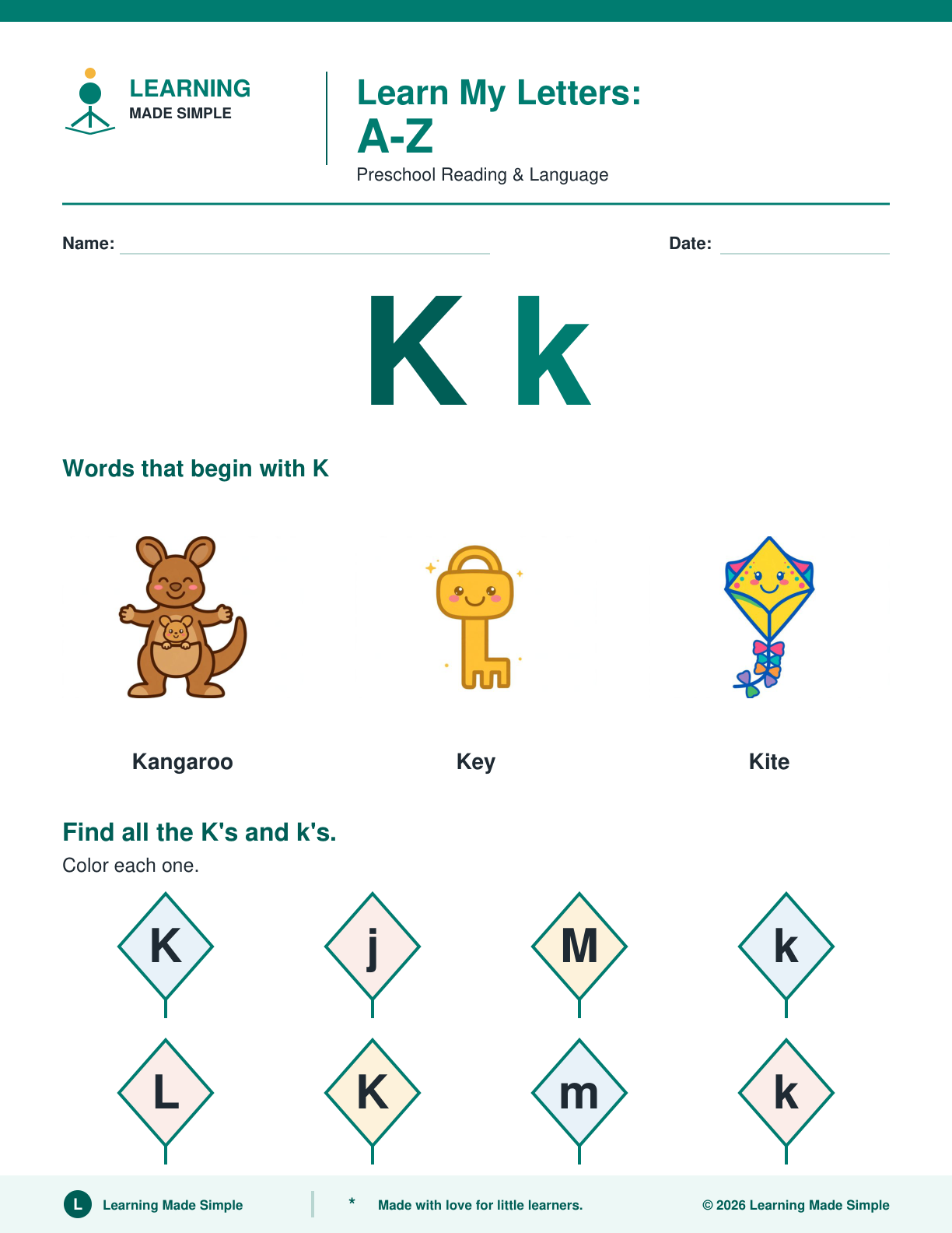 Preview of Letter K from Learn My Letters A-Z