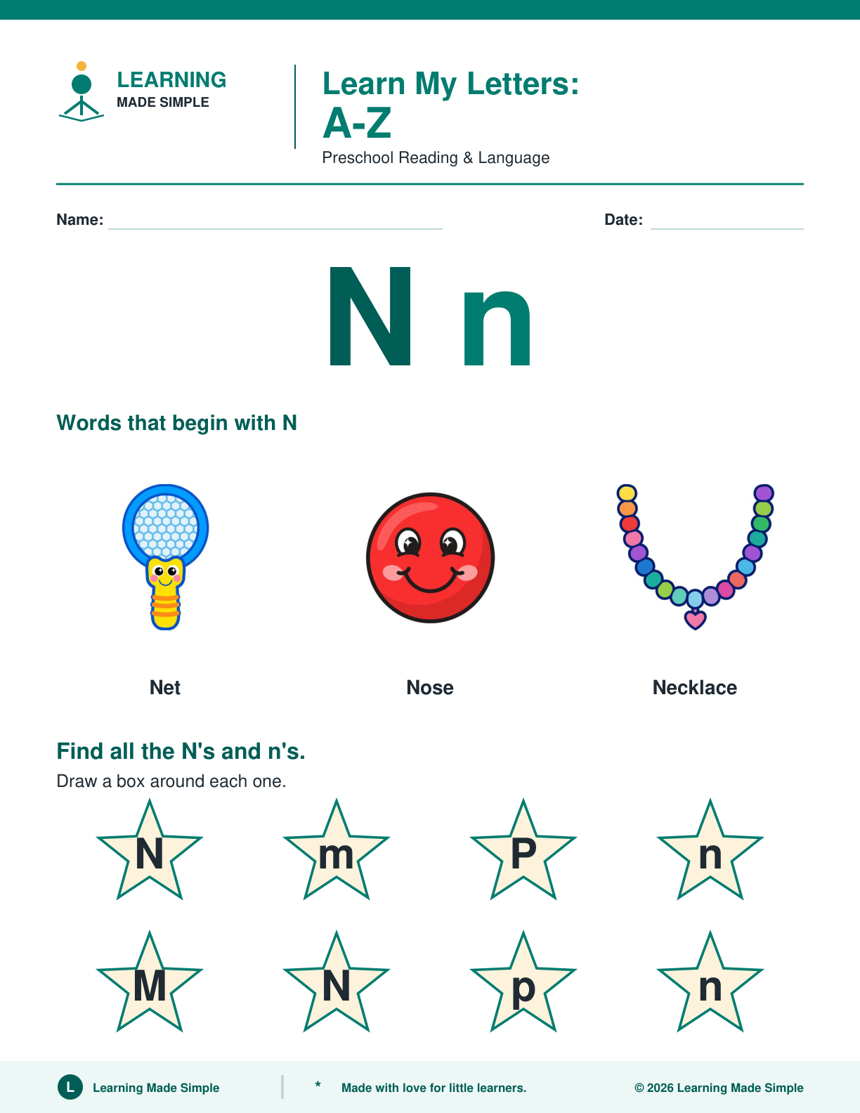 Preview of Letter N from Learn My Letters A-Z