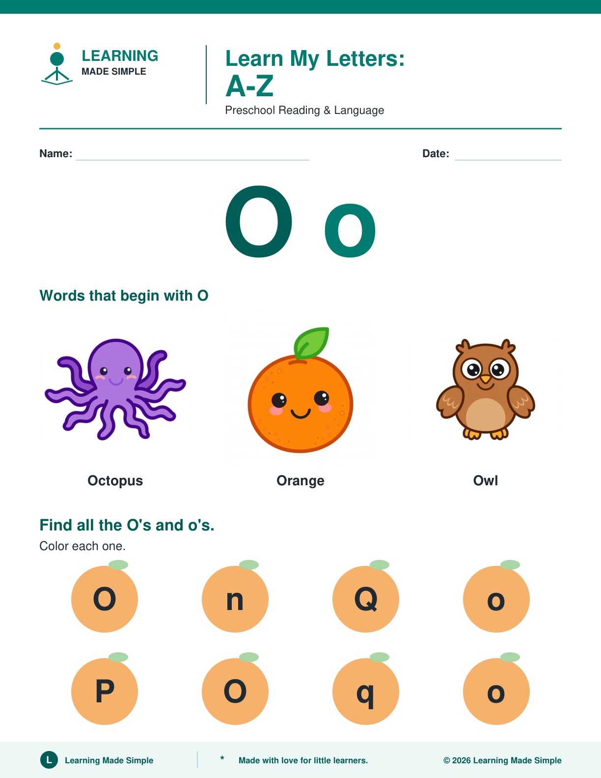 Preview of Letter O from Learn My Letters A-Z