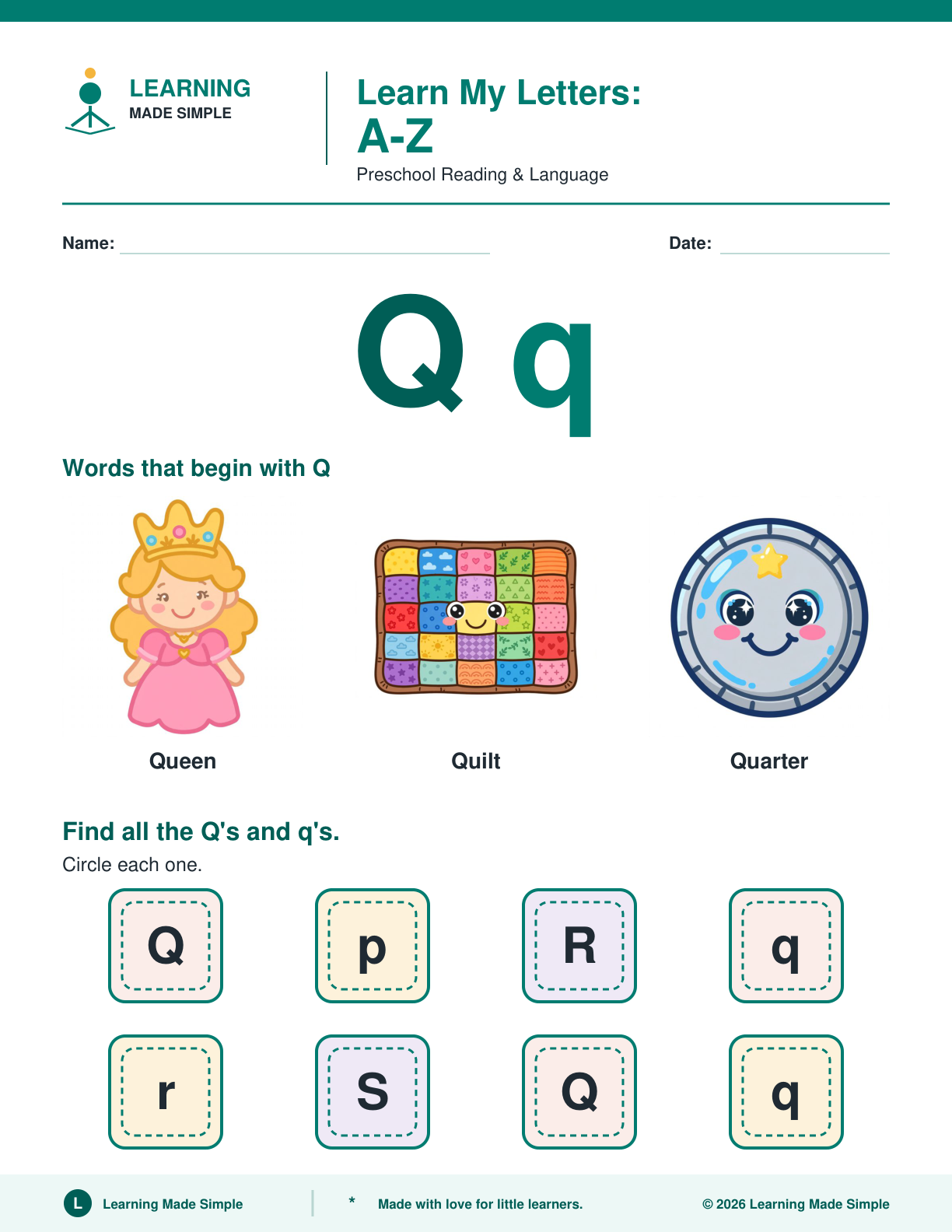 Preview of Letter Q from Learn My Letters A-Z