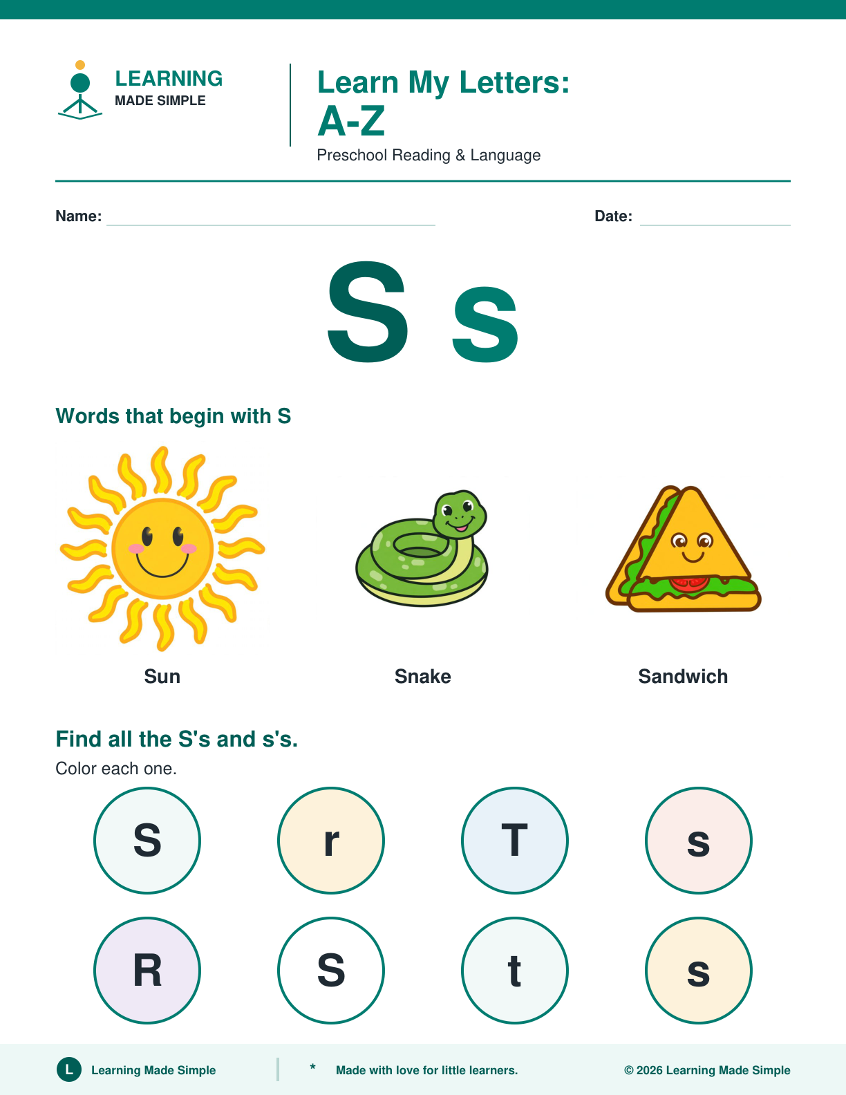 Preview of Letter S from Learn My Letters A-Z