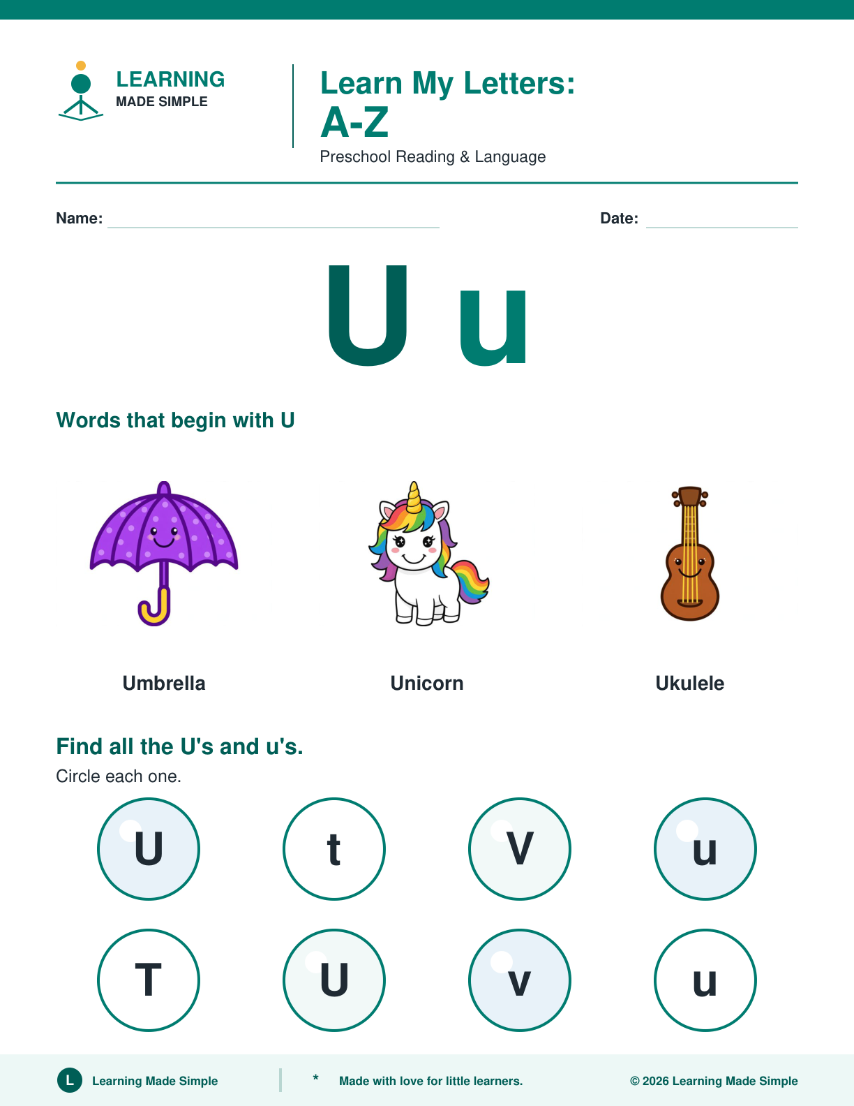 Preview of Letter U from Learn My Letters A-Z
