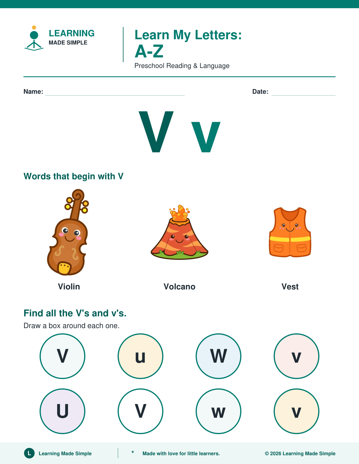 Preview of Letter V from Learn My Letters A-Z
