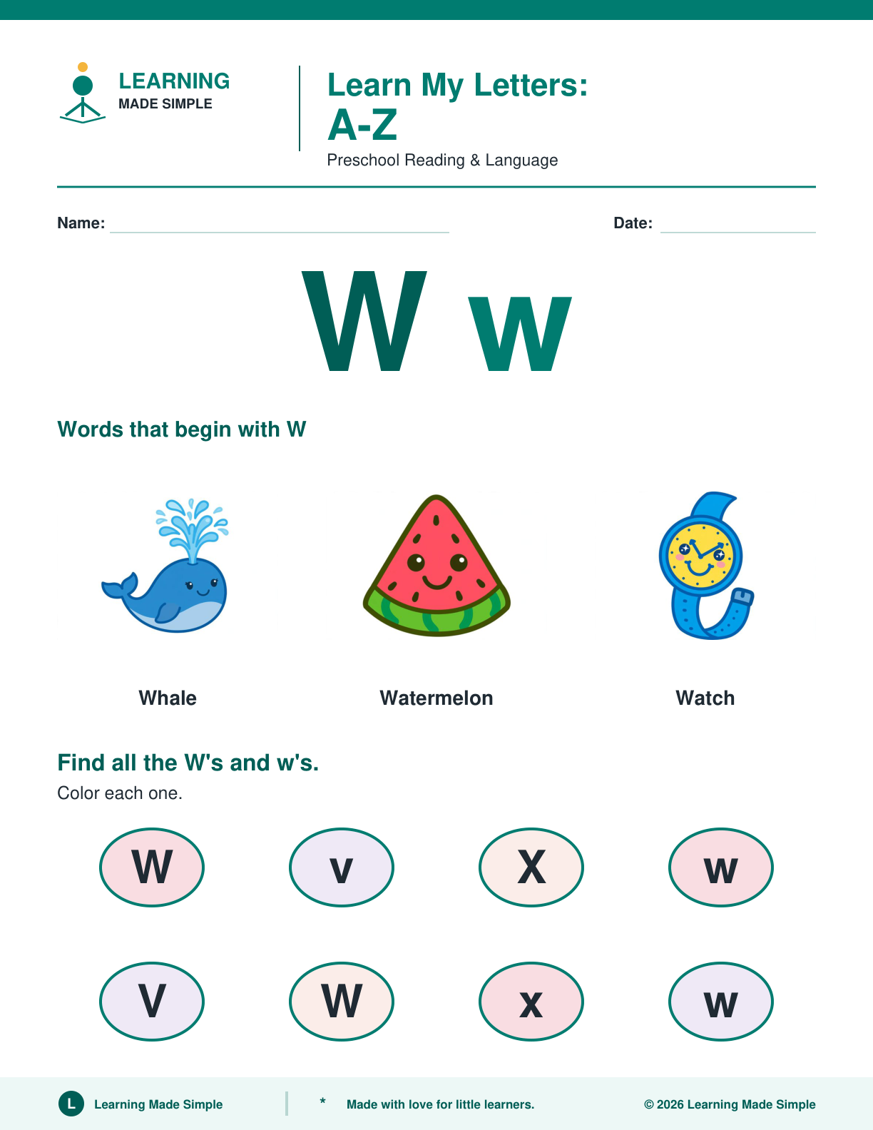 Preview of Letter W from Learn My Letters A-Z