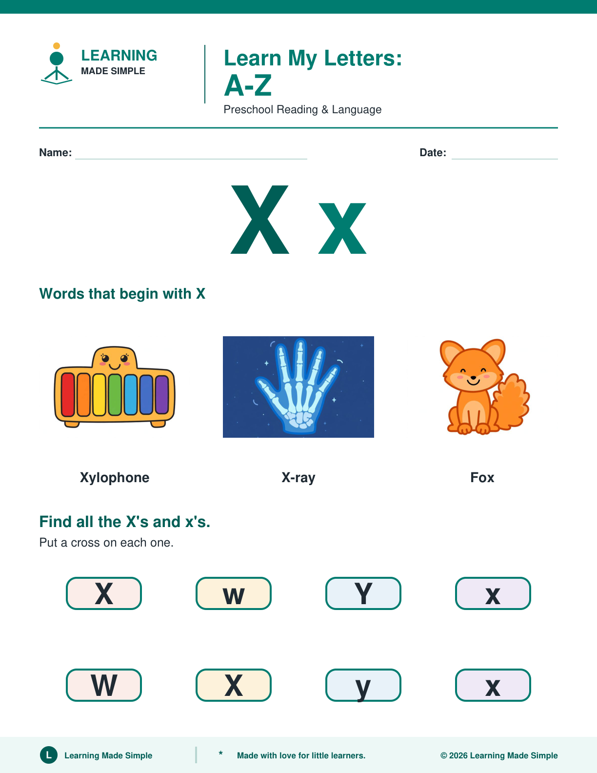 Preview of Letter X from Learn My Letters A-Z