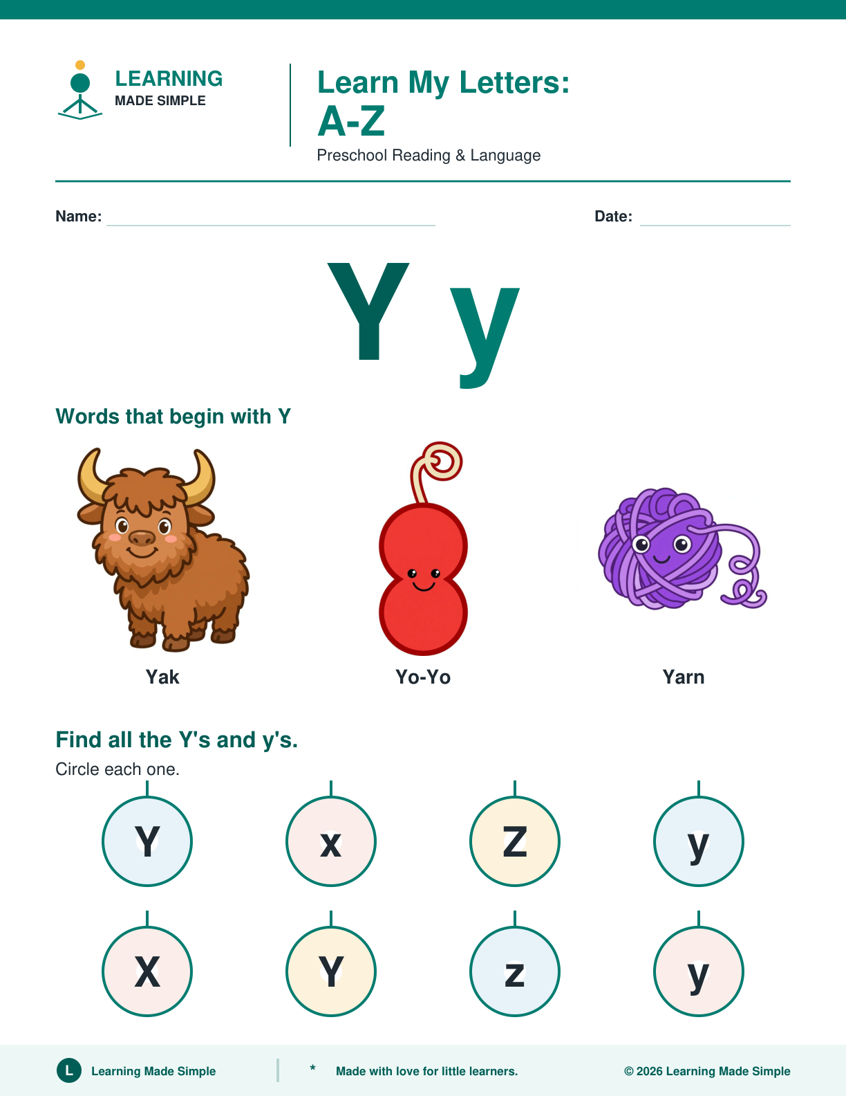Preview of Letter Y from Learn My Letters A-Z
