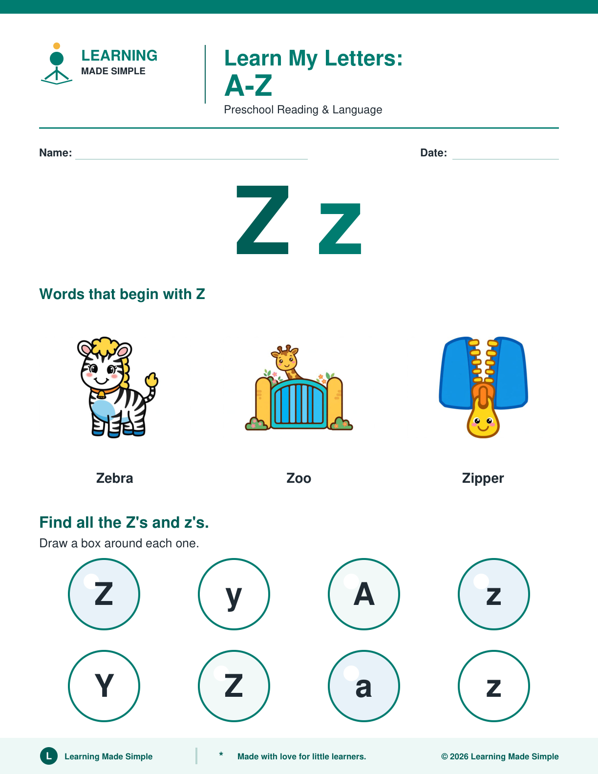 Preview of Letter Z from Learn My Letters A-Z