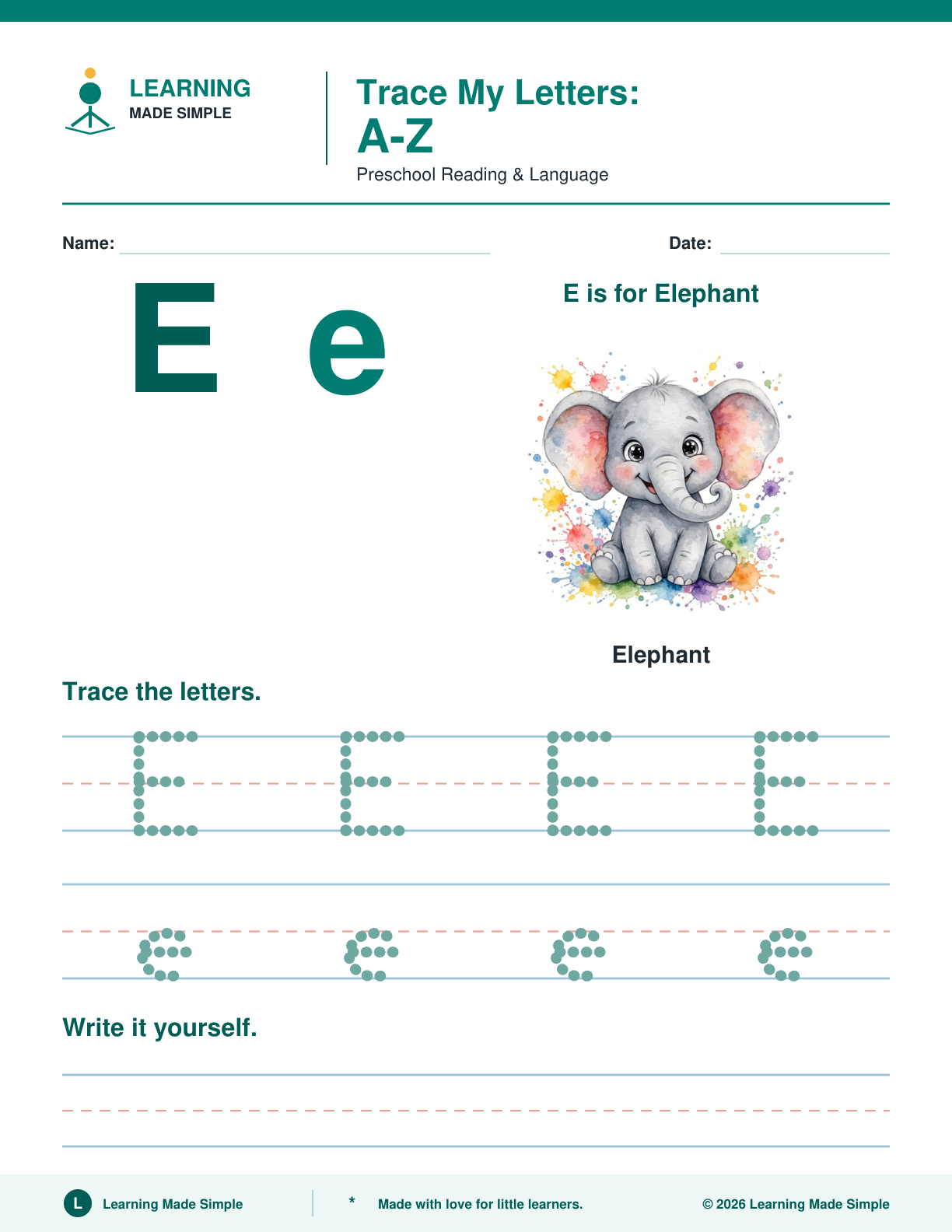 Preview of Letter E from Trace My Letters A-Z