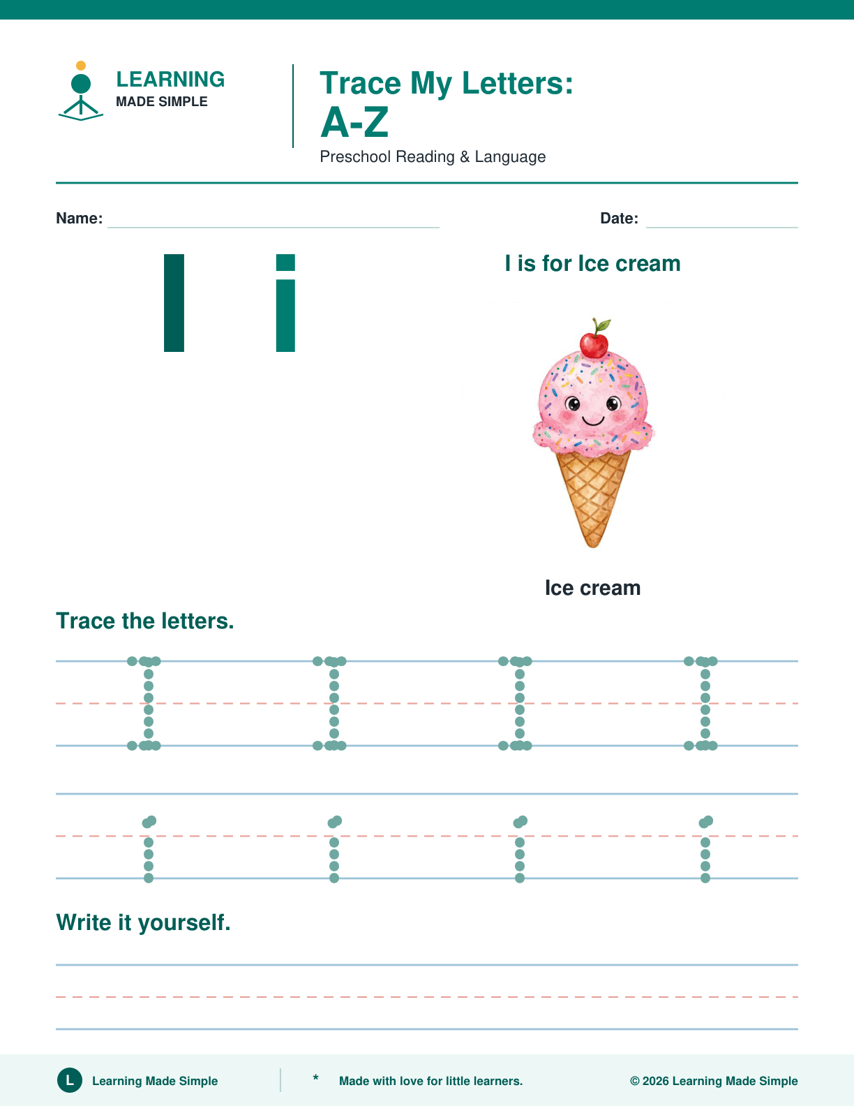 Preview of Letter I from Trace My Letters A-Z