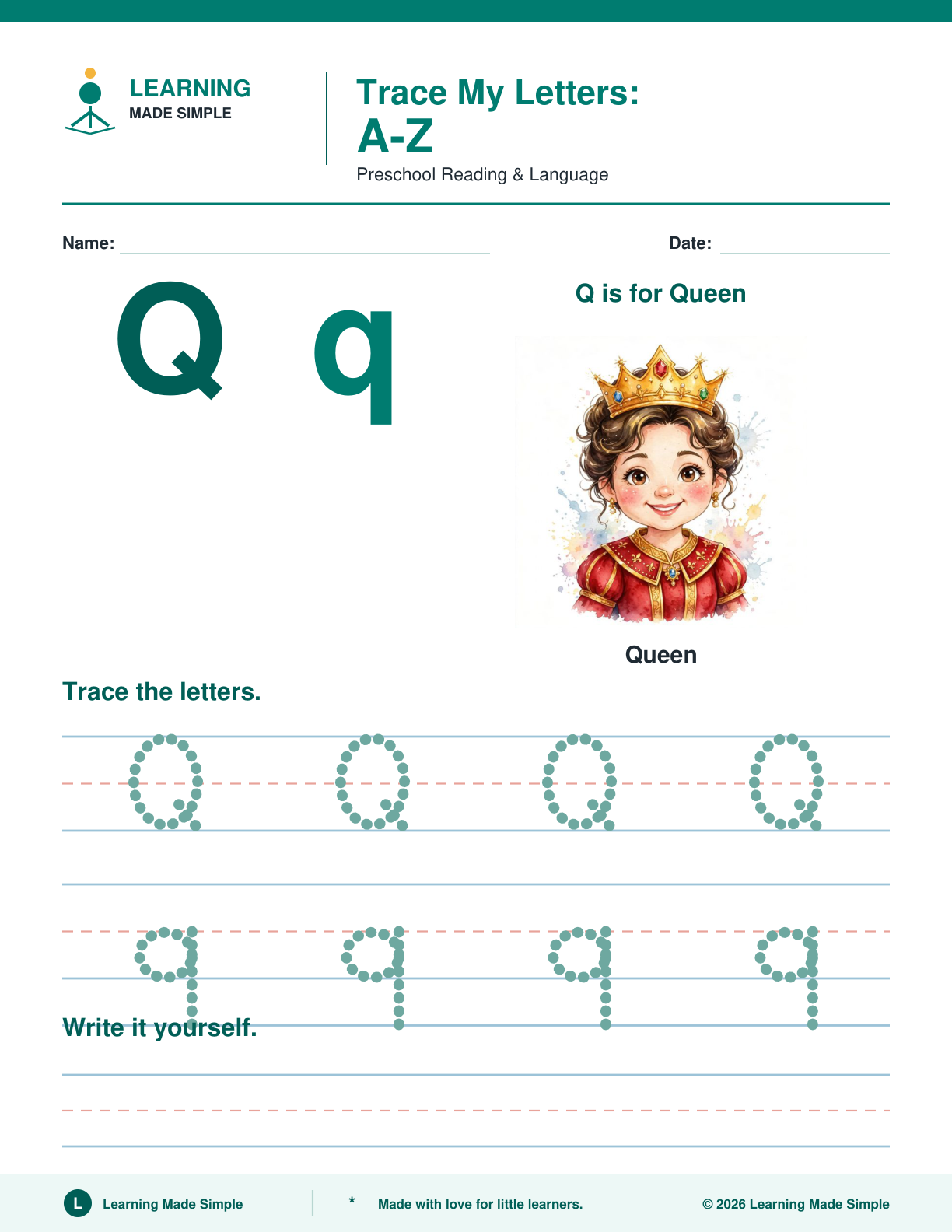 Preview of Letter Q from Trace My Letters A-Z
