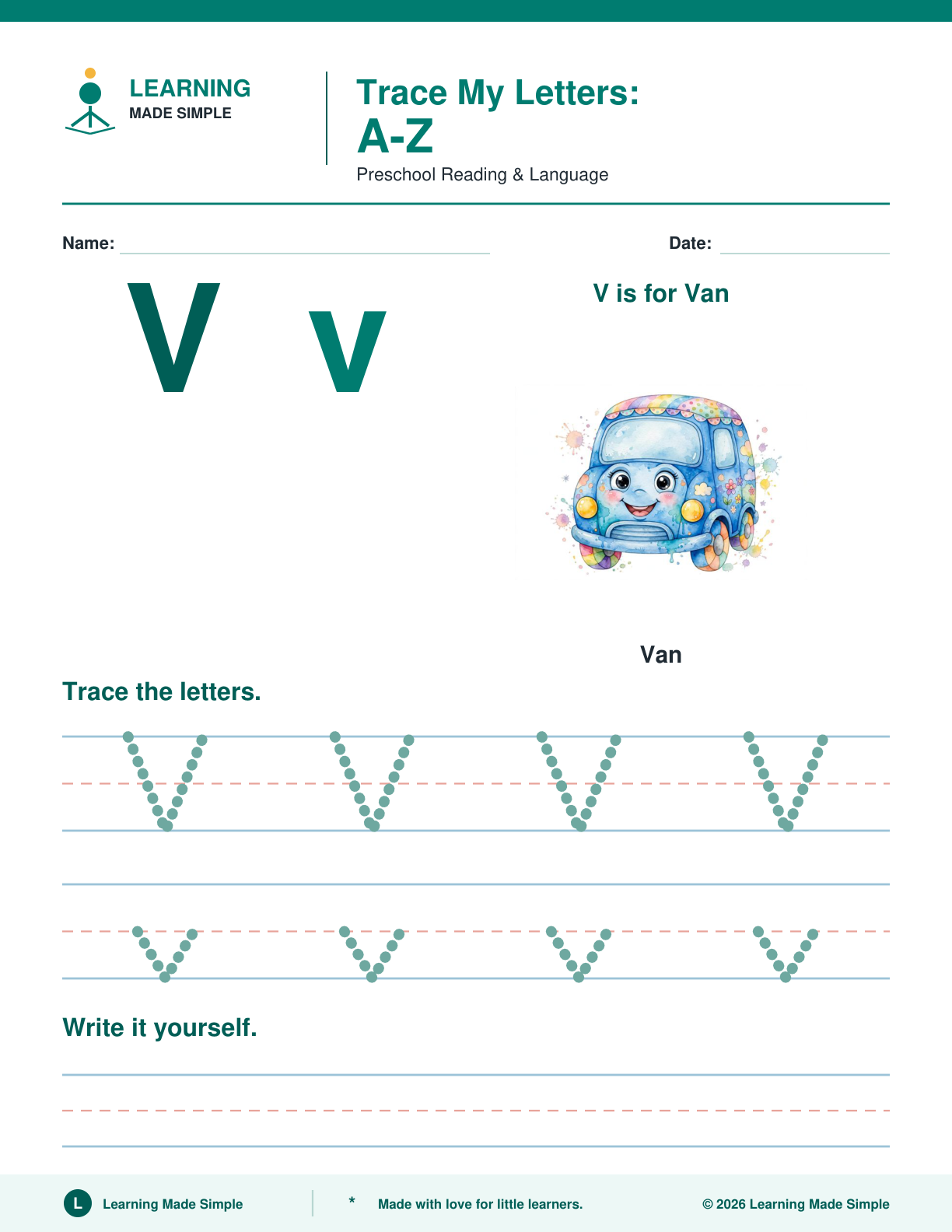 Preview of Letter V from Trace My Letters A-Z