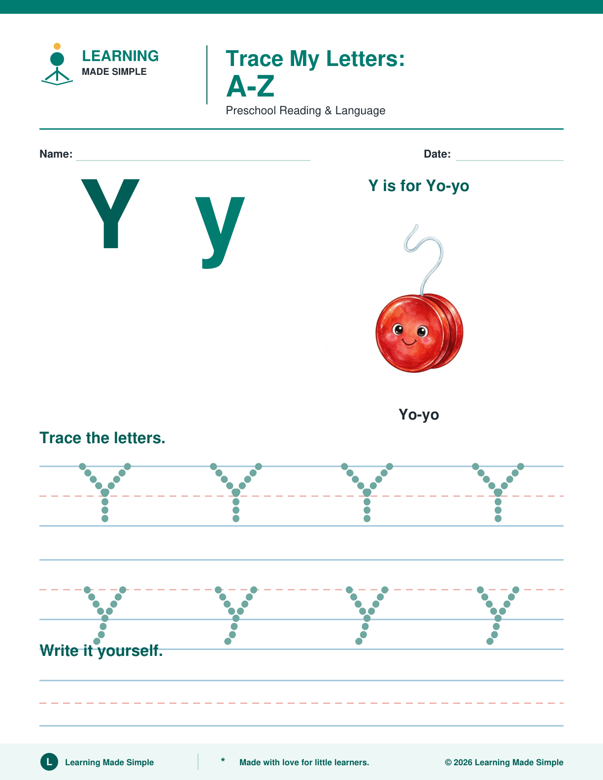 Preview of Letter Y from Trace My Letters A-Z
